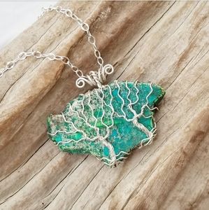 Handmade Twin Trees Wire-Wrapped Gemstone Necklace Sterling Silver